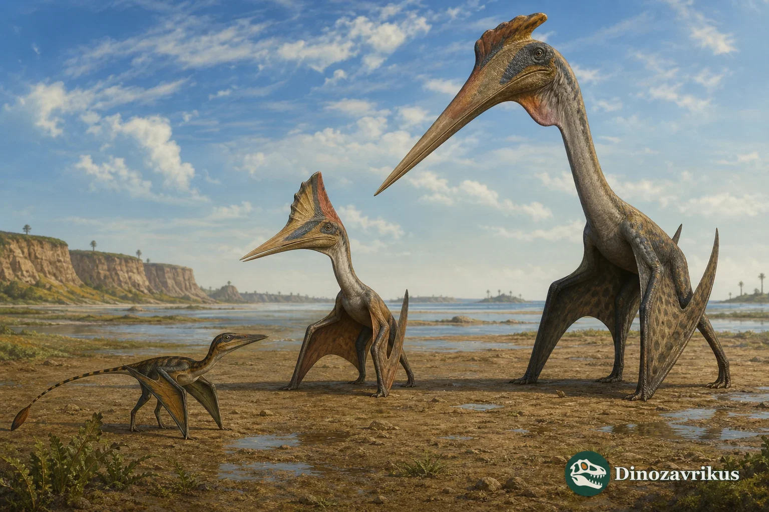 Three pterosaurs reconstructed beside a Cretaceous wetland