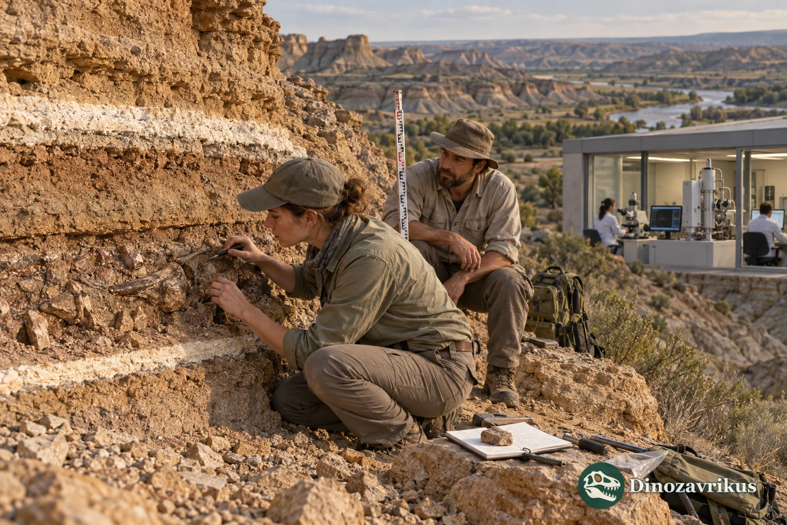 A palaeontologist records the position of a fossil within exposed sedimentary layers