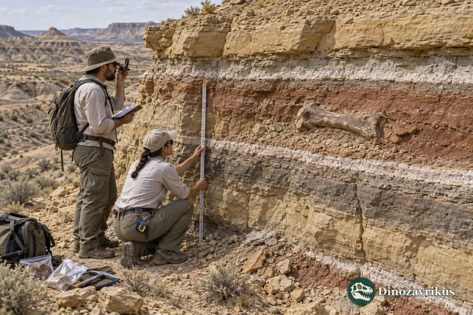A measured sedimentary section with a fossil horizon between distinct rock layers