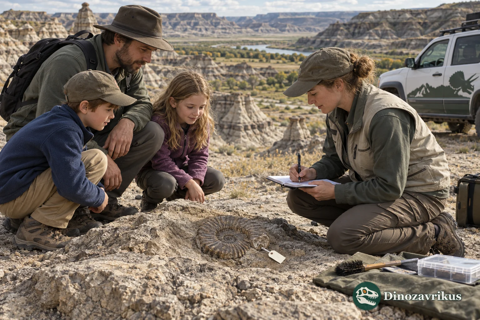 A family shows a loose surface fossil to a specialist in the Alberta badlands