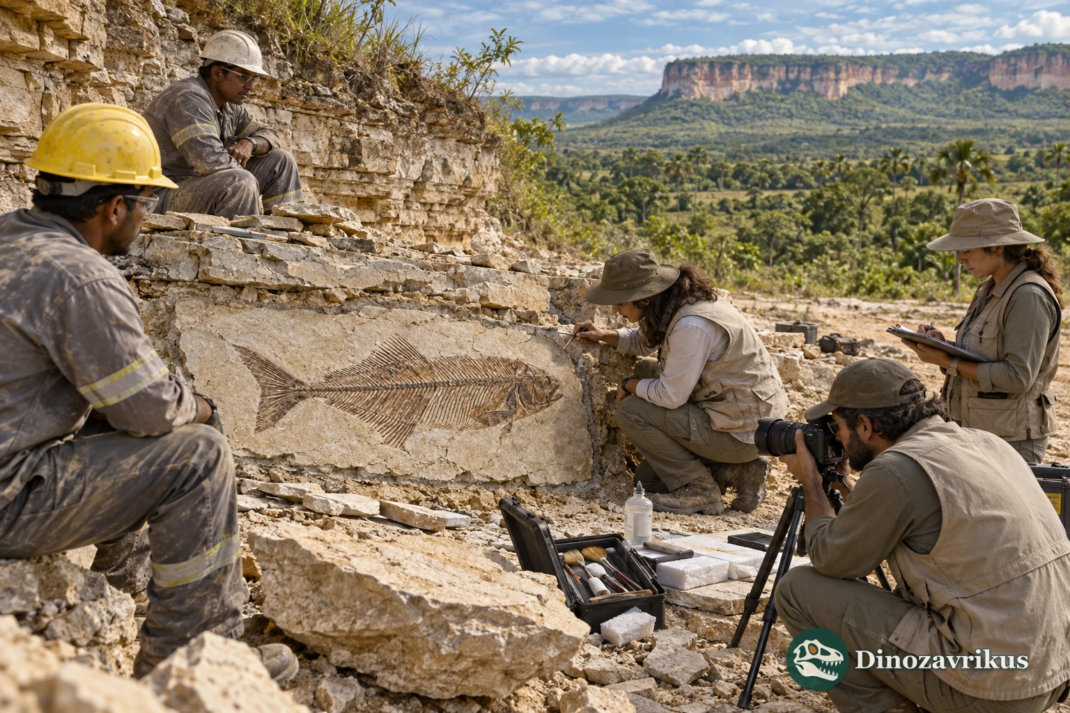 Quarry workers stop after exposing a fossil fish while a museum team documents the layer
