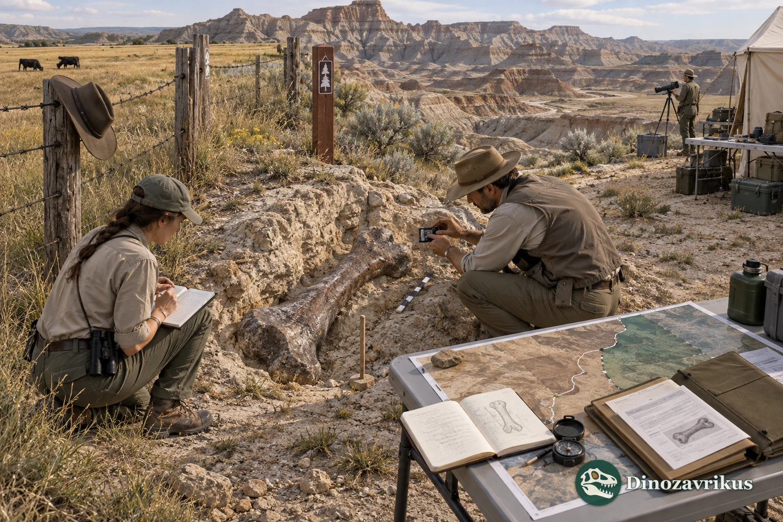 Palaeontologists document a dinosaur bone near the boundary between private and protected land