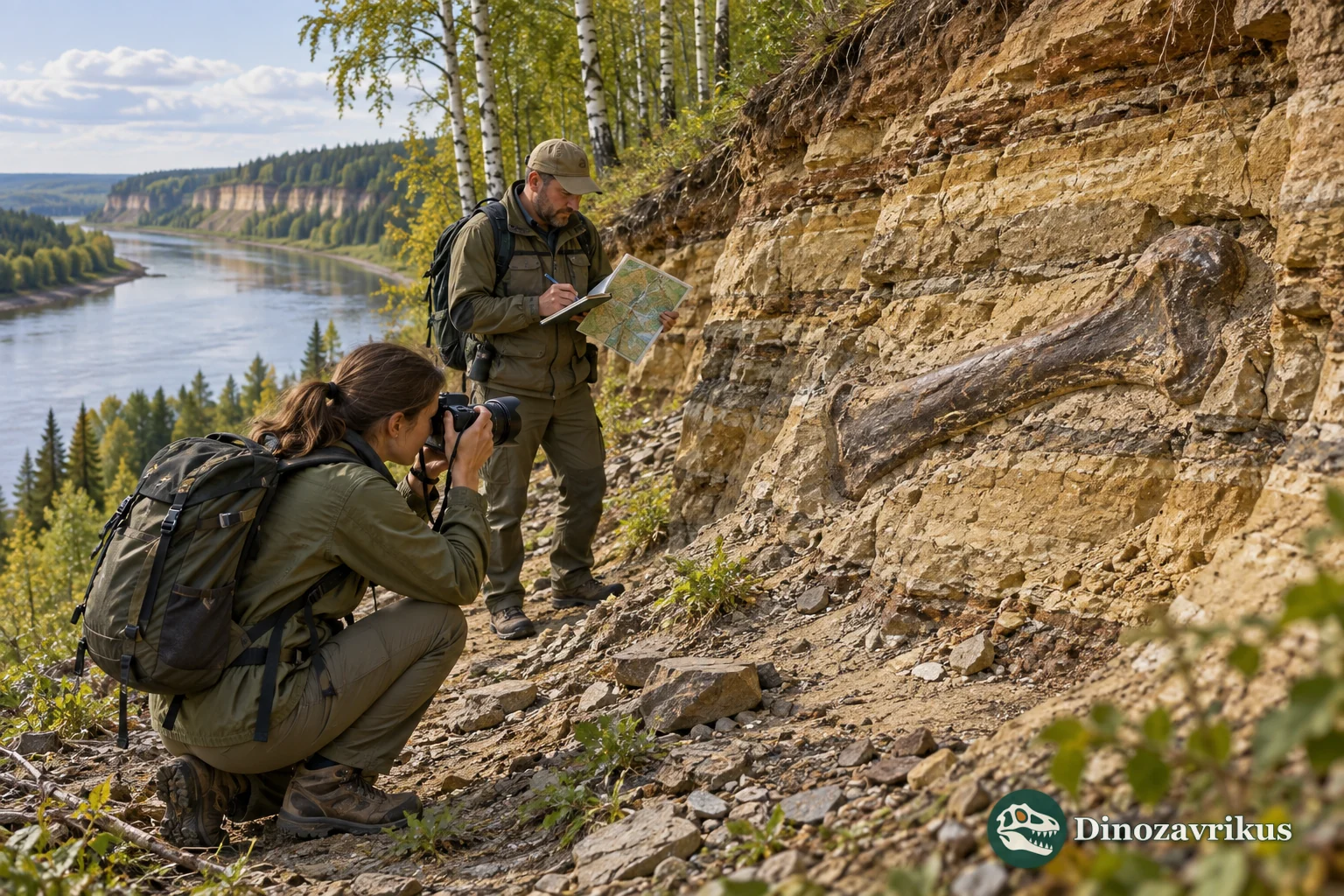 Visitors photograph a large fossil in a Russian river cliff and mark its location