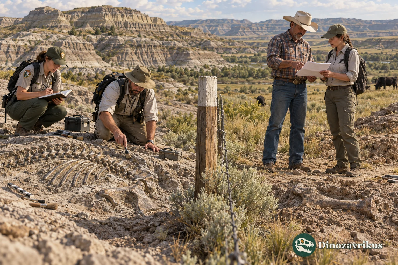 At the boundary between a ranch and federal badlands, specialists check permits before approaching a bone layer