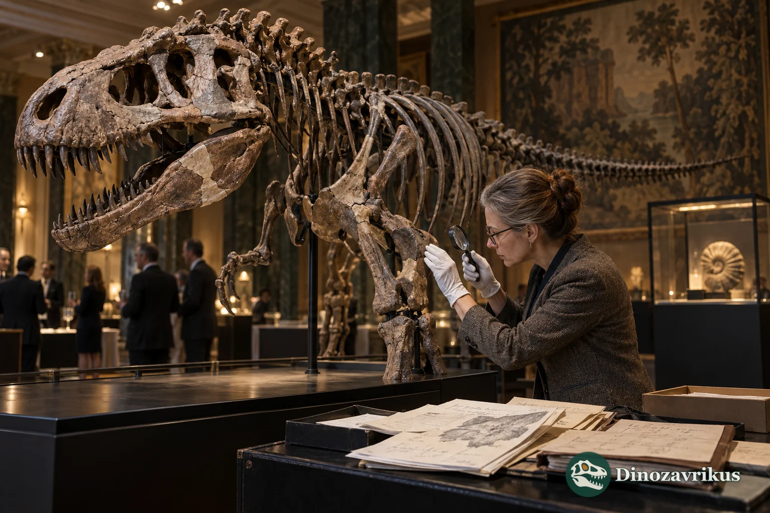 A specialist examines fossil restoration and provenance records before a sale