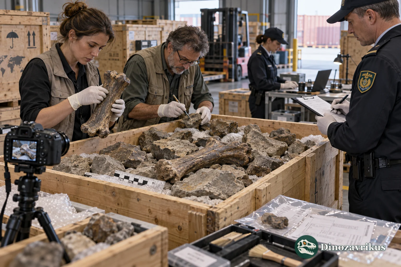Customs officers and palaeontologists examine fossils concealed among stones in crates