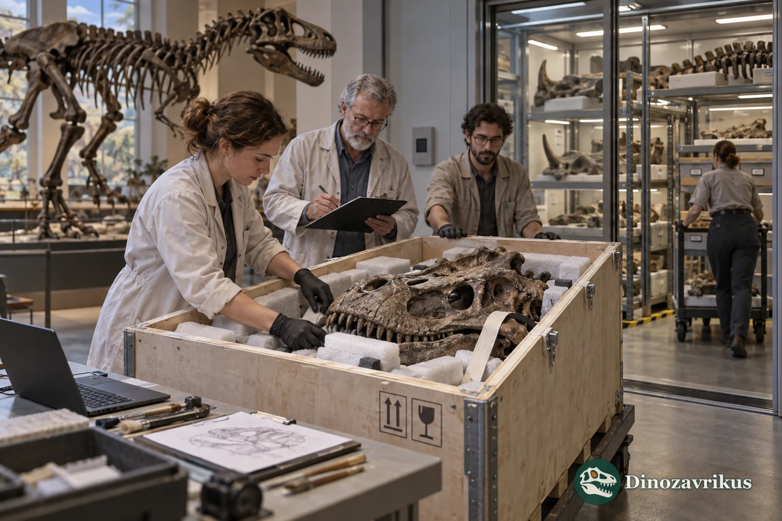Museum workers accession a returned dinosaur skull into a collection