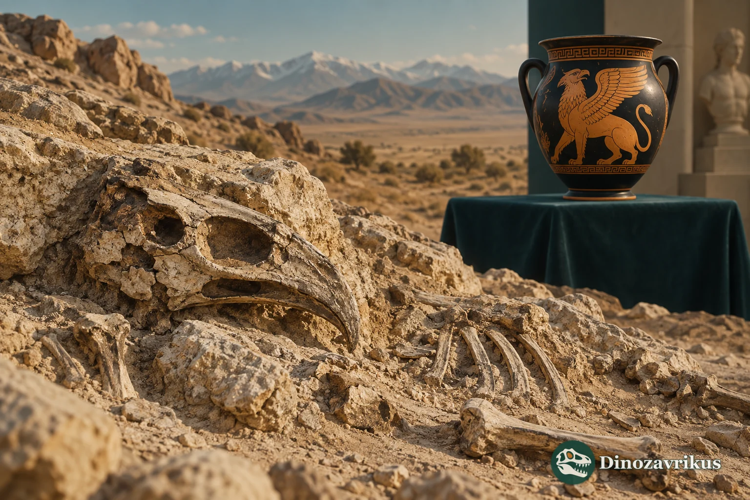 A fossil skull in Central Asian rock beside a separate Greek griffin vessel