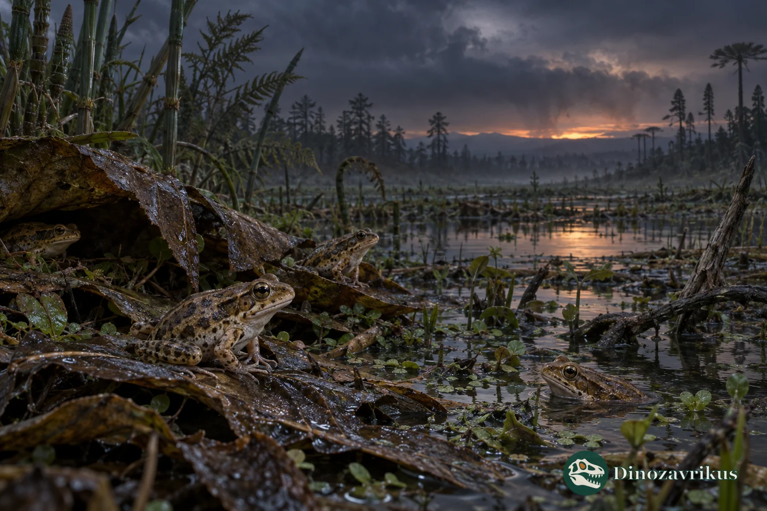 Small frogs sheltering in a freshwater marsh beneath a dim post-impact sky