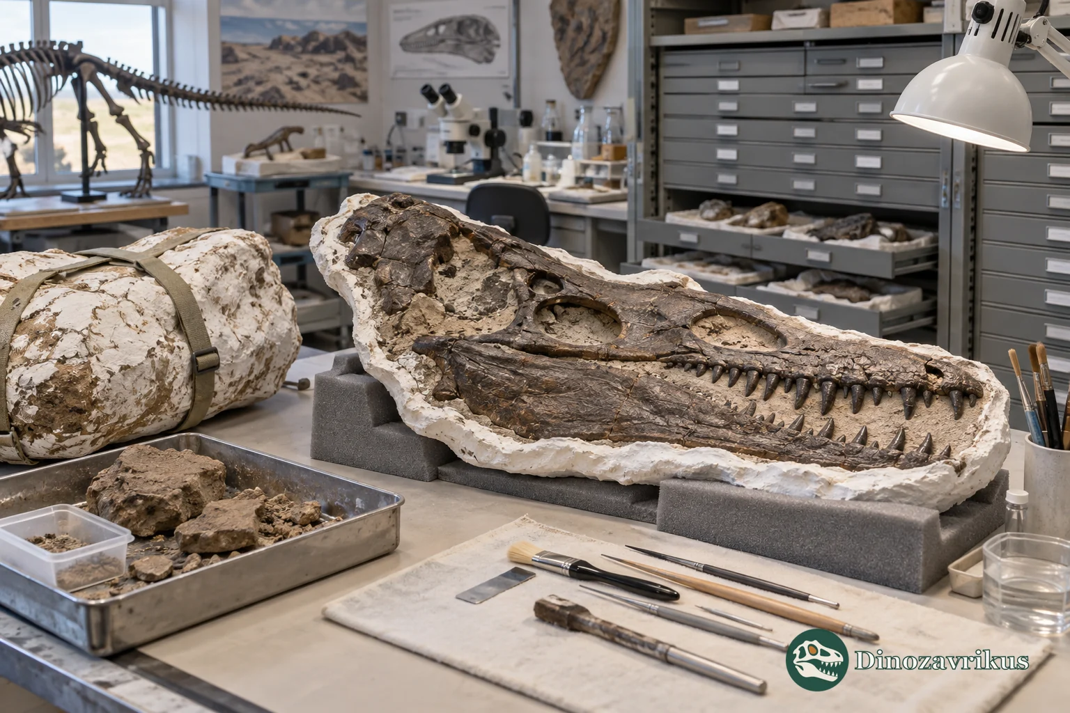 A dinosaur fossil supported in a museum conservation laboratory after excavation