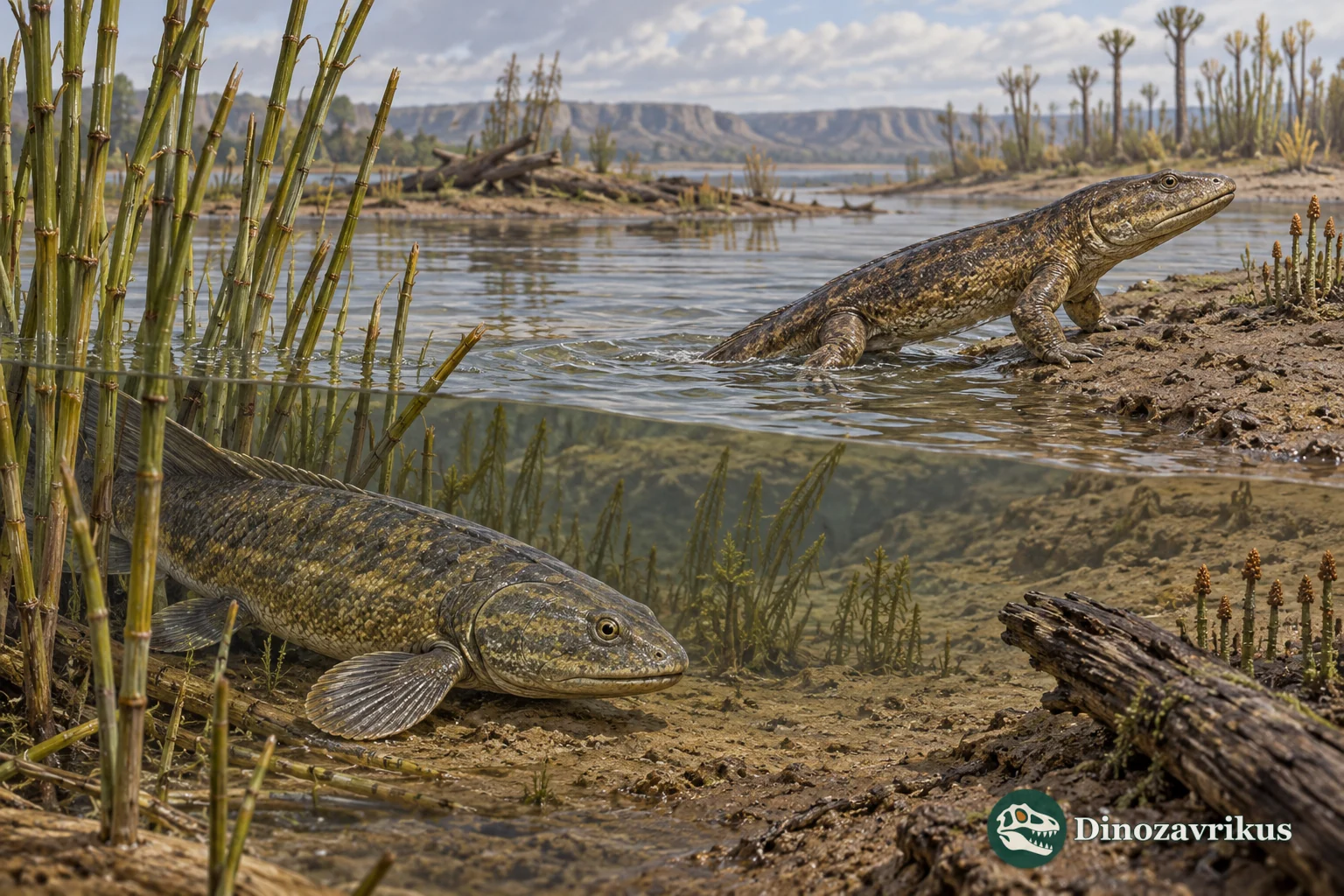 A lobe-finned fish and an early four-limbed vertebrate moving through a shallow Devonian river margin