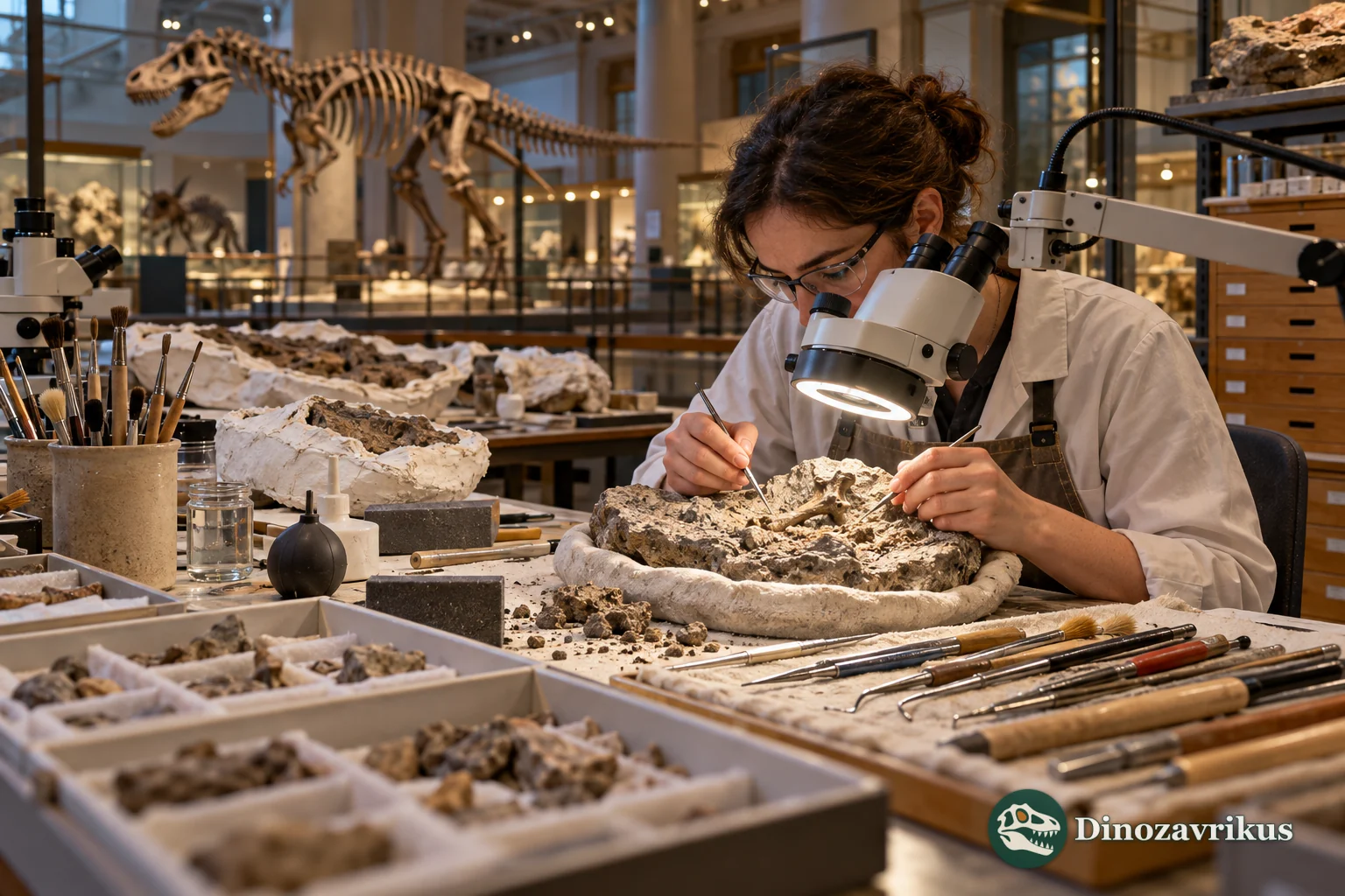 Museum fossil preparator using a fine tool under magnification in a laboratory beside a dinosaur skeleton