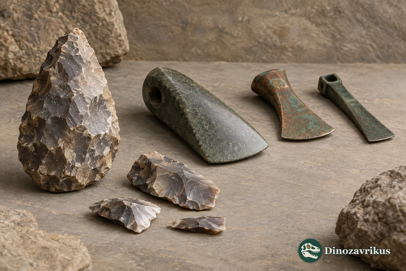 A flint hand axe, a polished stone axe and early copper and bronze tools arranged in a chronological display
