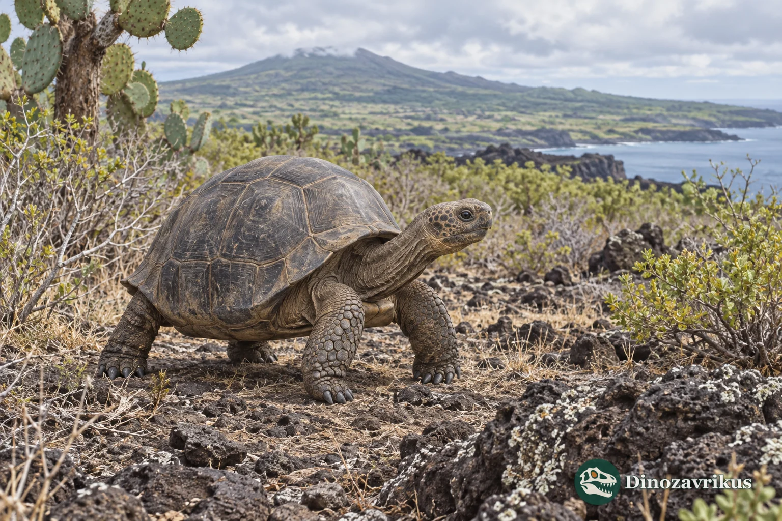 Galápagos giant tortoise in dry volcanic scrub on an island