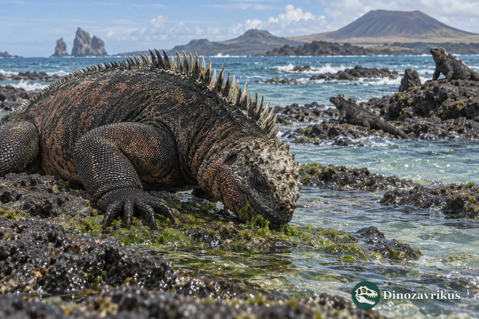 Marine iguana feeding among algae on a Galápagos volcanic shoreline
