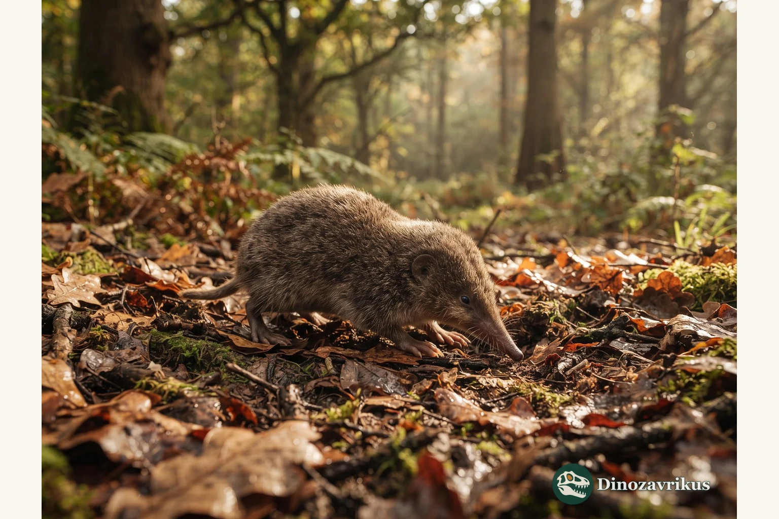 Galerix foraging through leaf litter in a Miocene woodland
