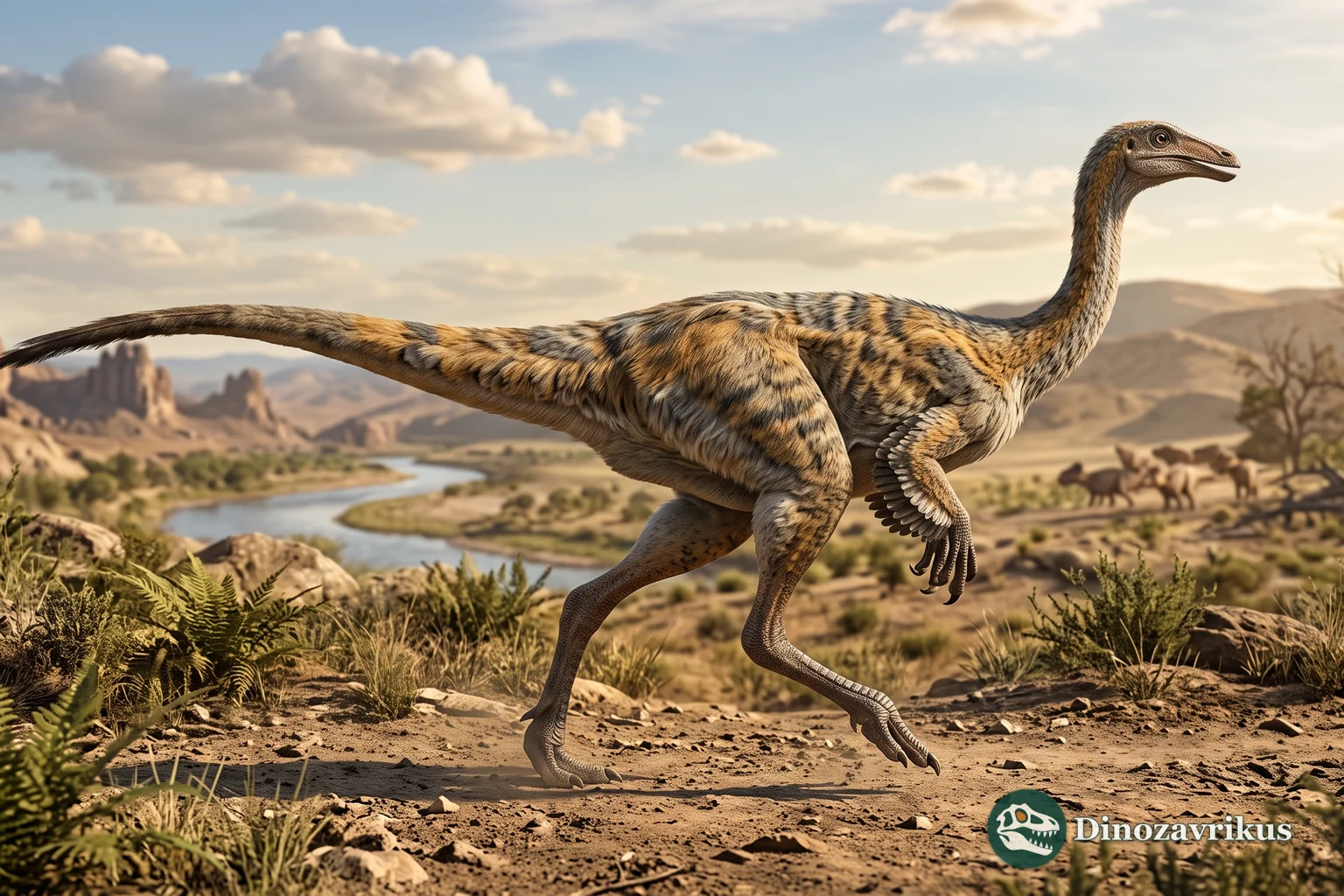 Reconstruction of Gallimimus running beside a Late Cretaceous river plain in Mongolia