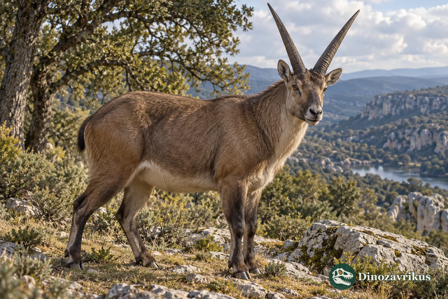 Artistic reconstruction of a large fossil bovid with divergent horns in ancient Europe