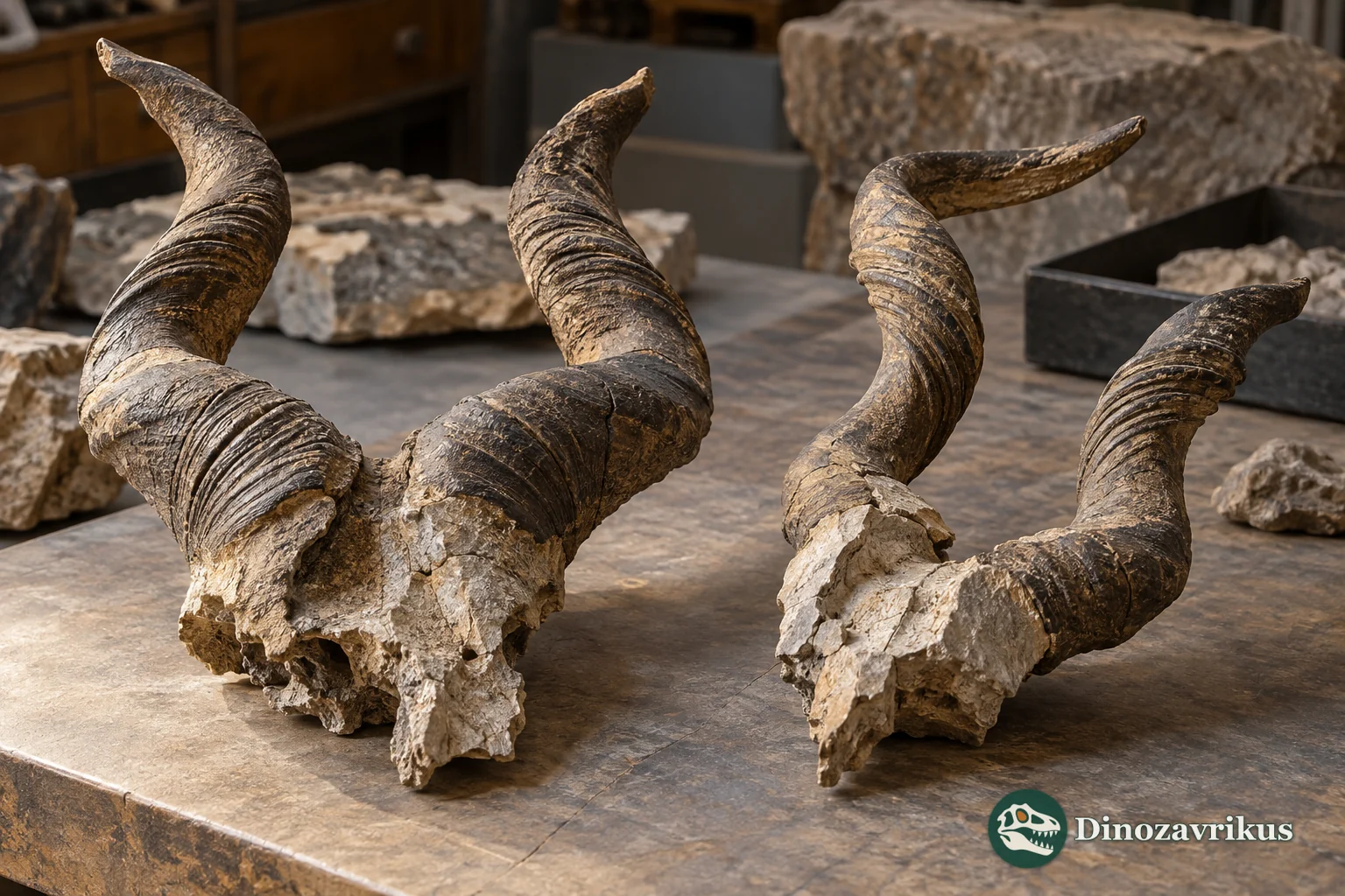 Illustrative spiral horn cores on a museum workbench