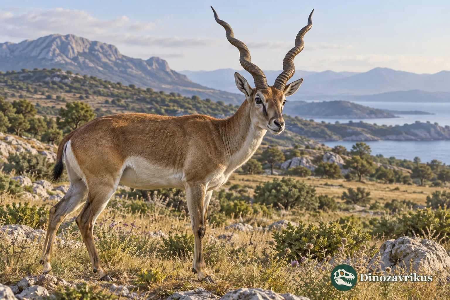 Artistic reconstruction of Gazellospira torticornis in an Early Pleistocene open landscape