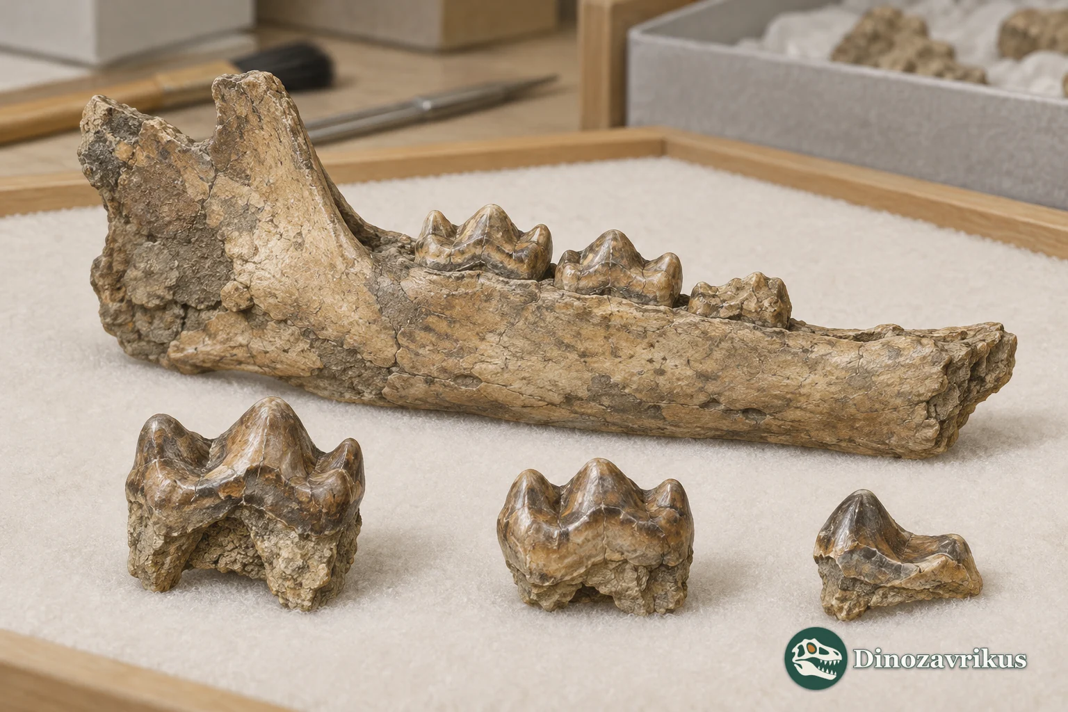 Illustrative study display of a small fossil jaw and teeth