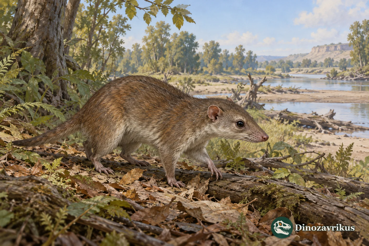 Artistic reconstruction of a very small Paleocene mammal near forest-floor leaf litter