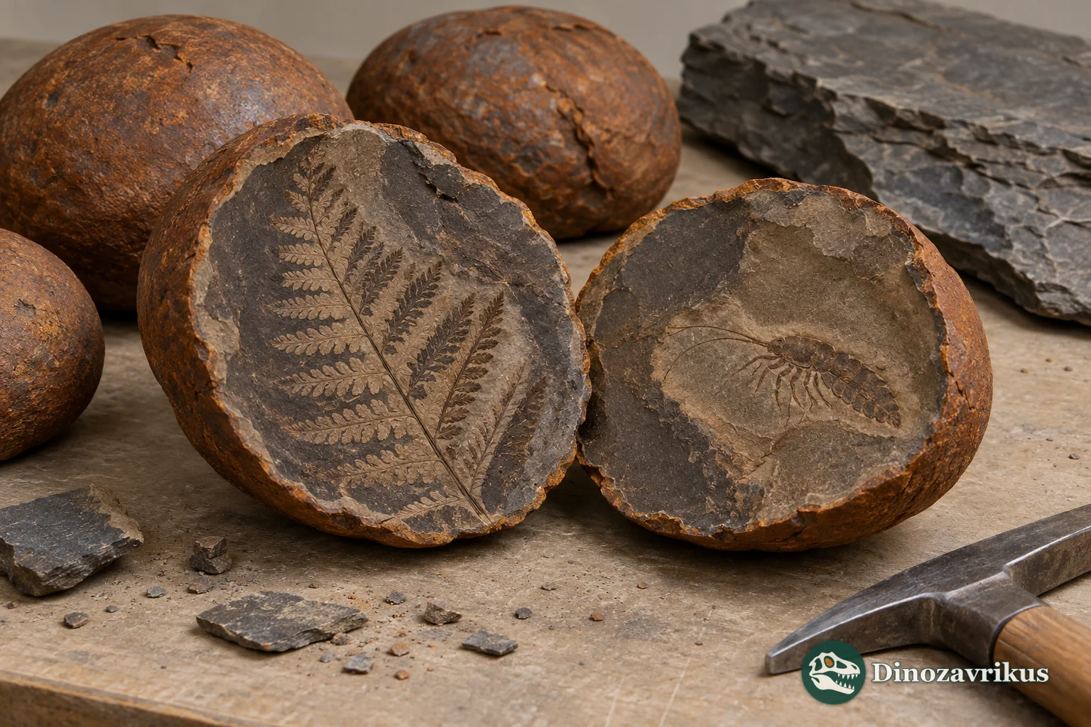 Ironstone concretions, one split open to show illustrative fossil impressions of a fern and arthropod