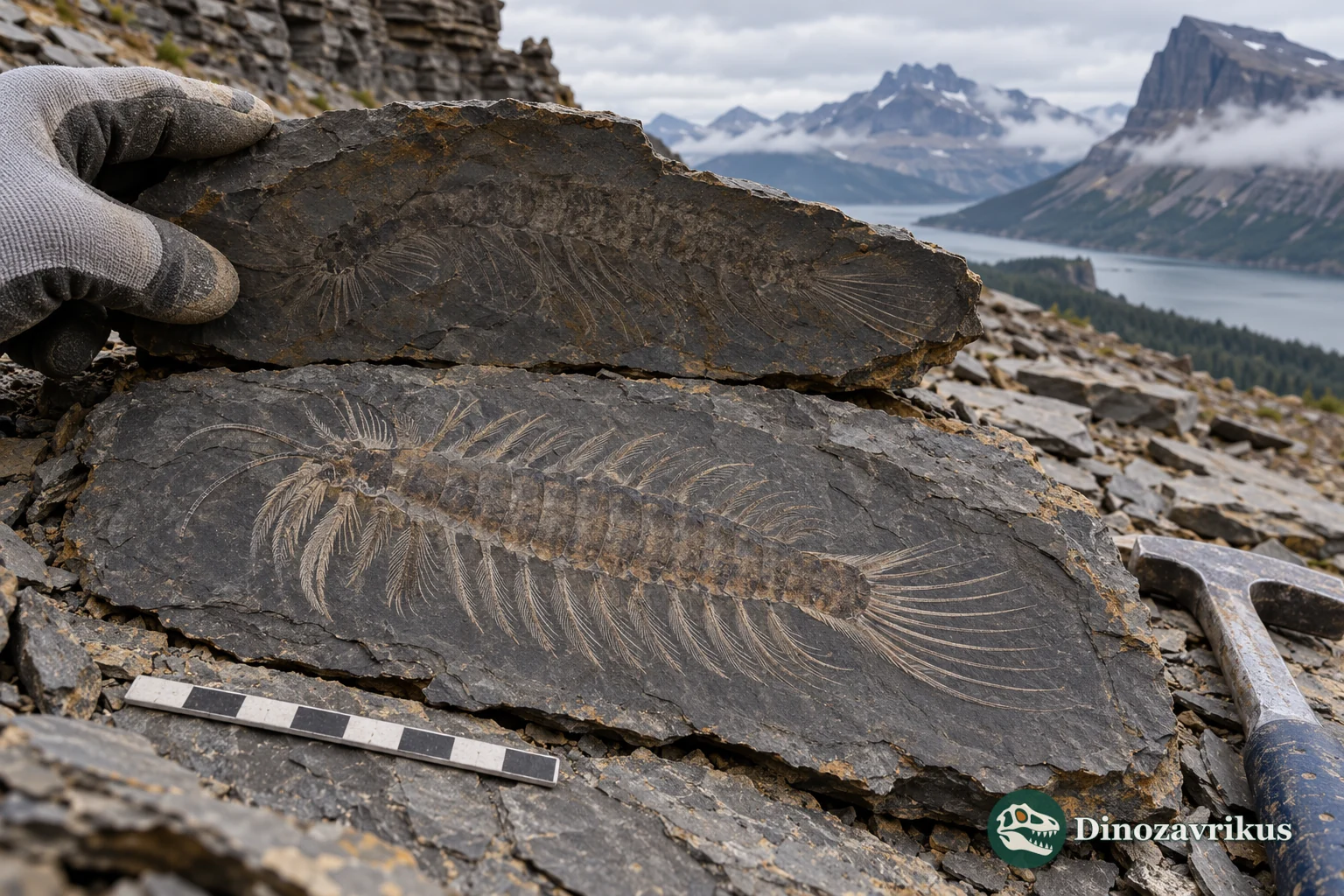 A detailed soft-bodied fossil impression exposed in a split shale slab at a mountain outcrop