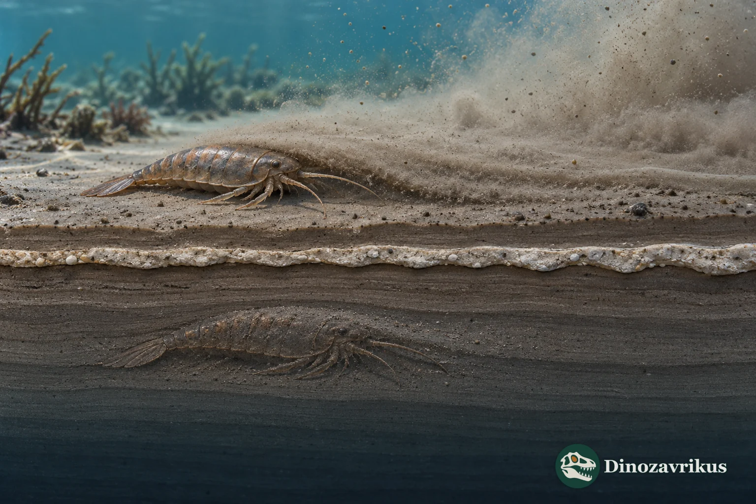 An illustrative marine arthropod being buried by a thin pulse of sediment