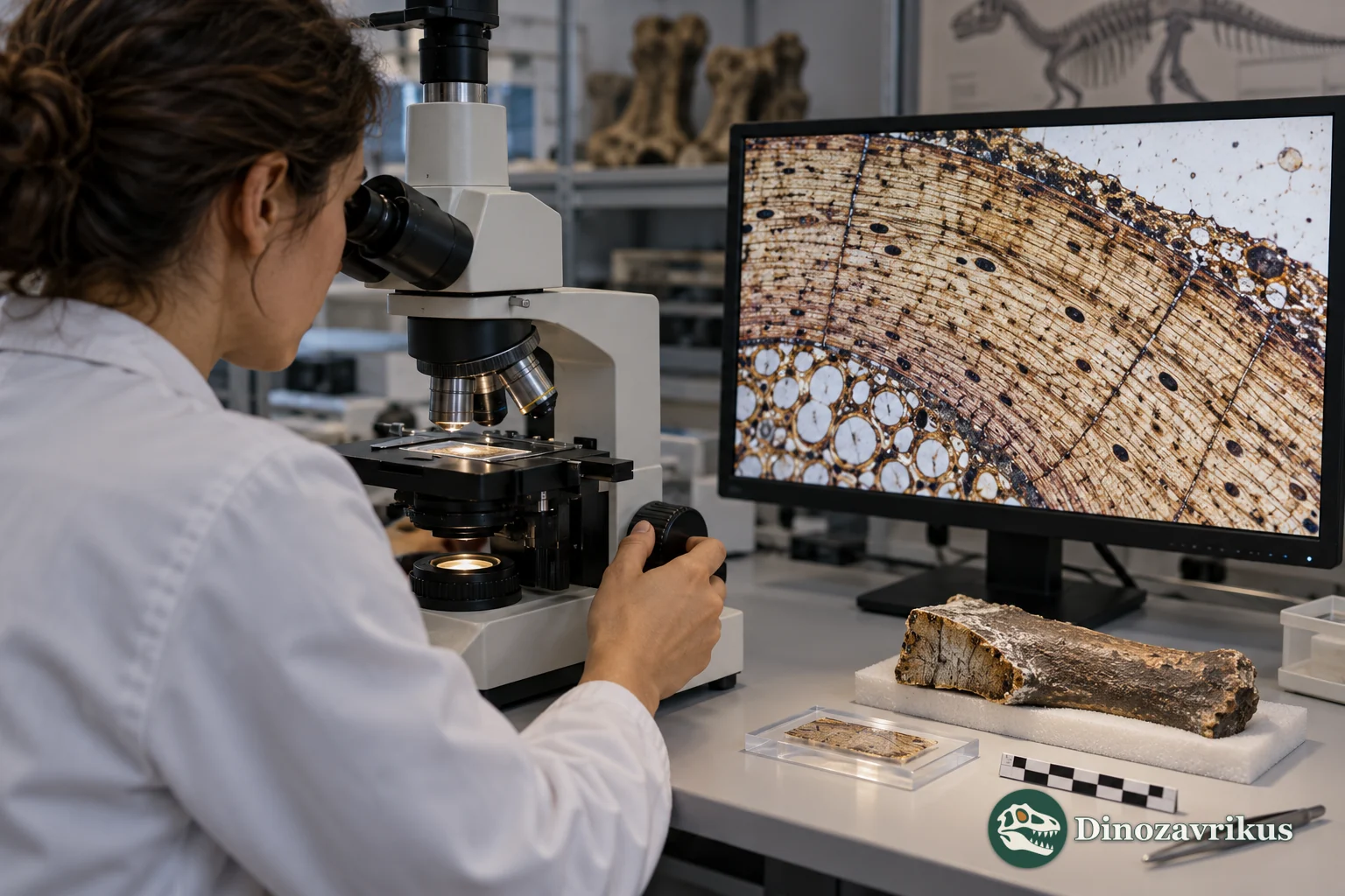 A palaeontologist examining a histological section of fossil bone under a microscope