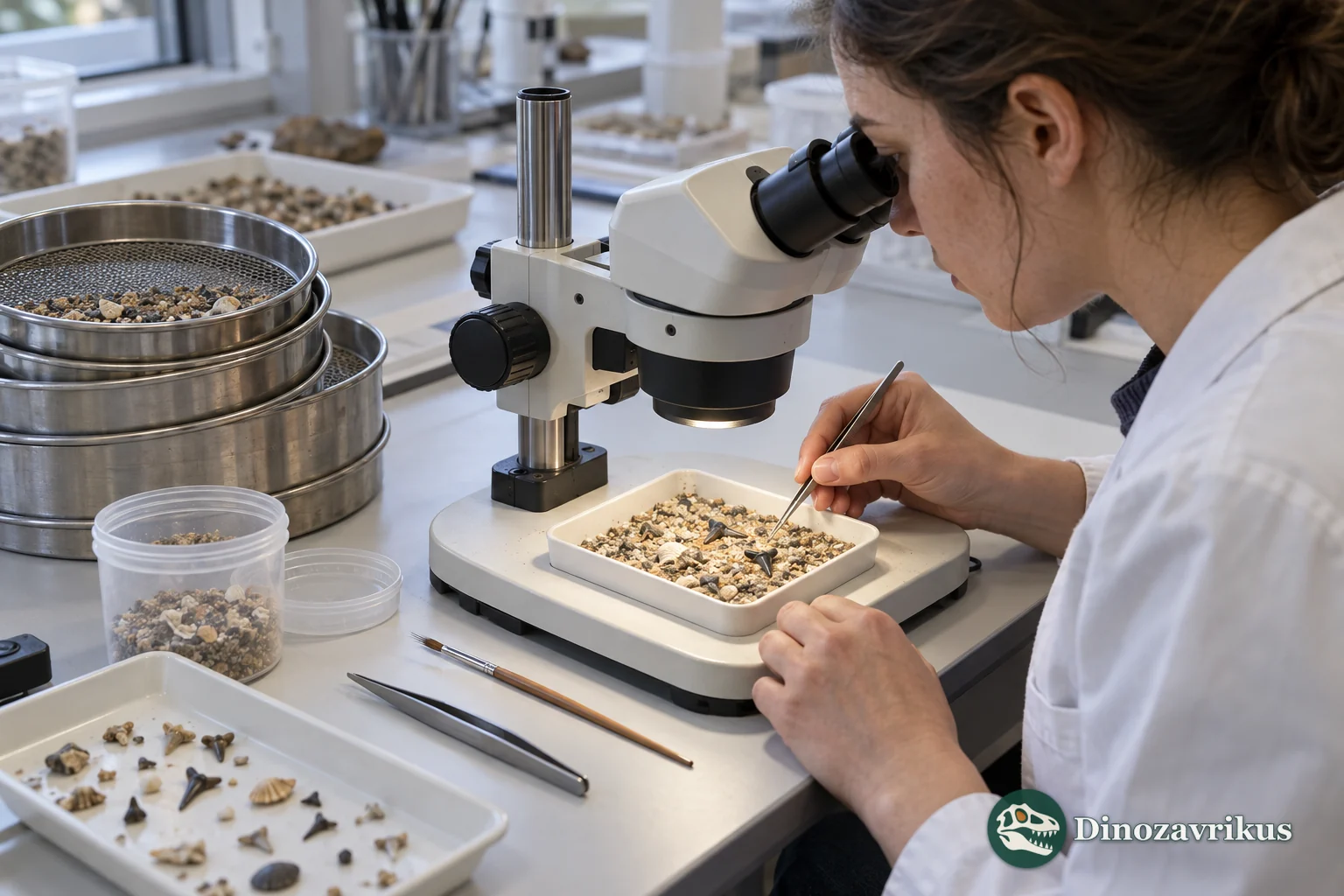 A researcher examines small fossil remains recovered from screened sediment under a stereomicroscope