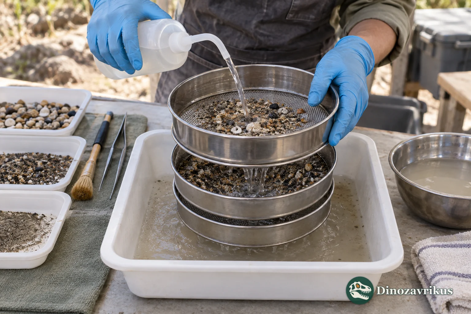 Sediment is washed through nested screens to retain different particle sizes