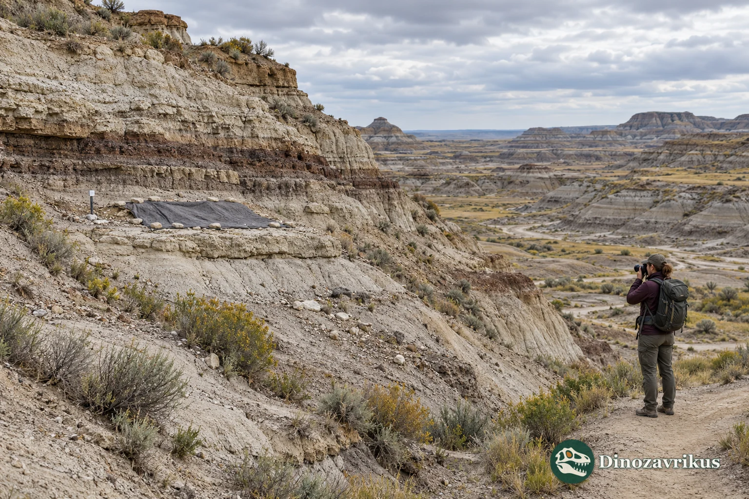 A field researcher documents a layered fossil exposure beside a temporary protective cover