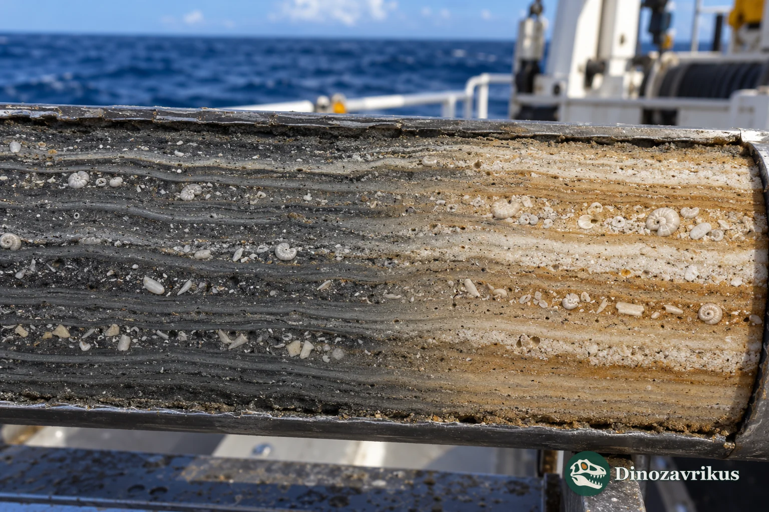 A marine sediment core with successive layers containing microfossil shells