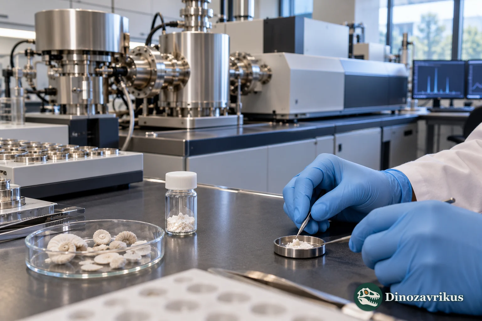 A carbonate microfossil and sample being prepared beside an isotope-ratio mass spectrometer