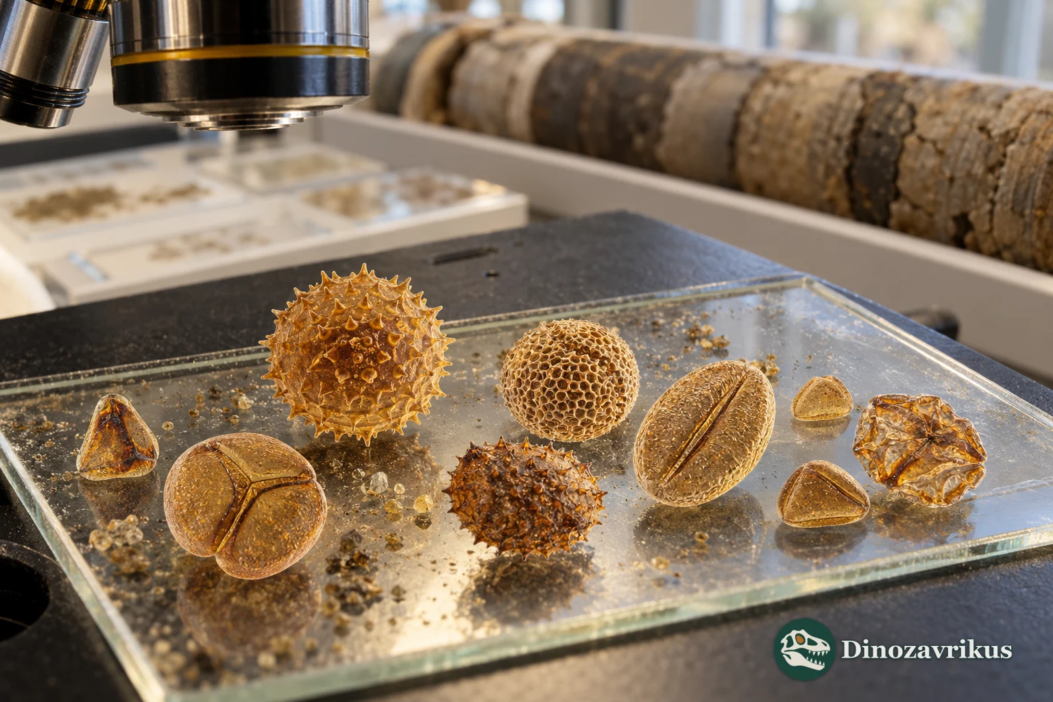 Pollen grains and spores on a prepared slide beside a microscope