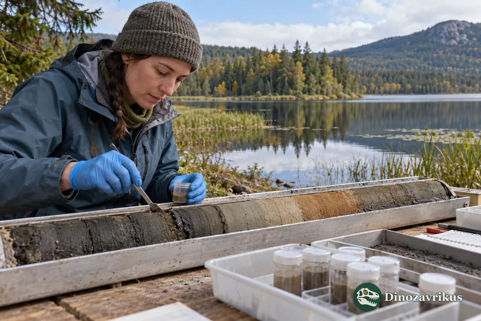 A researcher sampling a layered lake-sediment core for pollen and spores