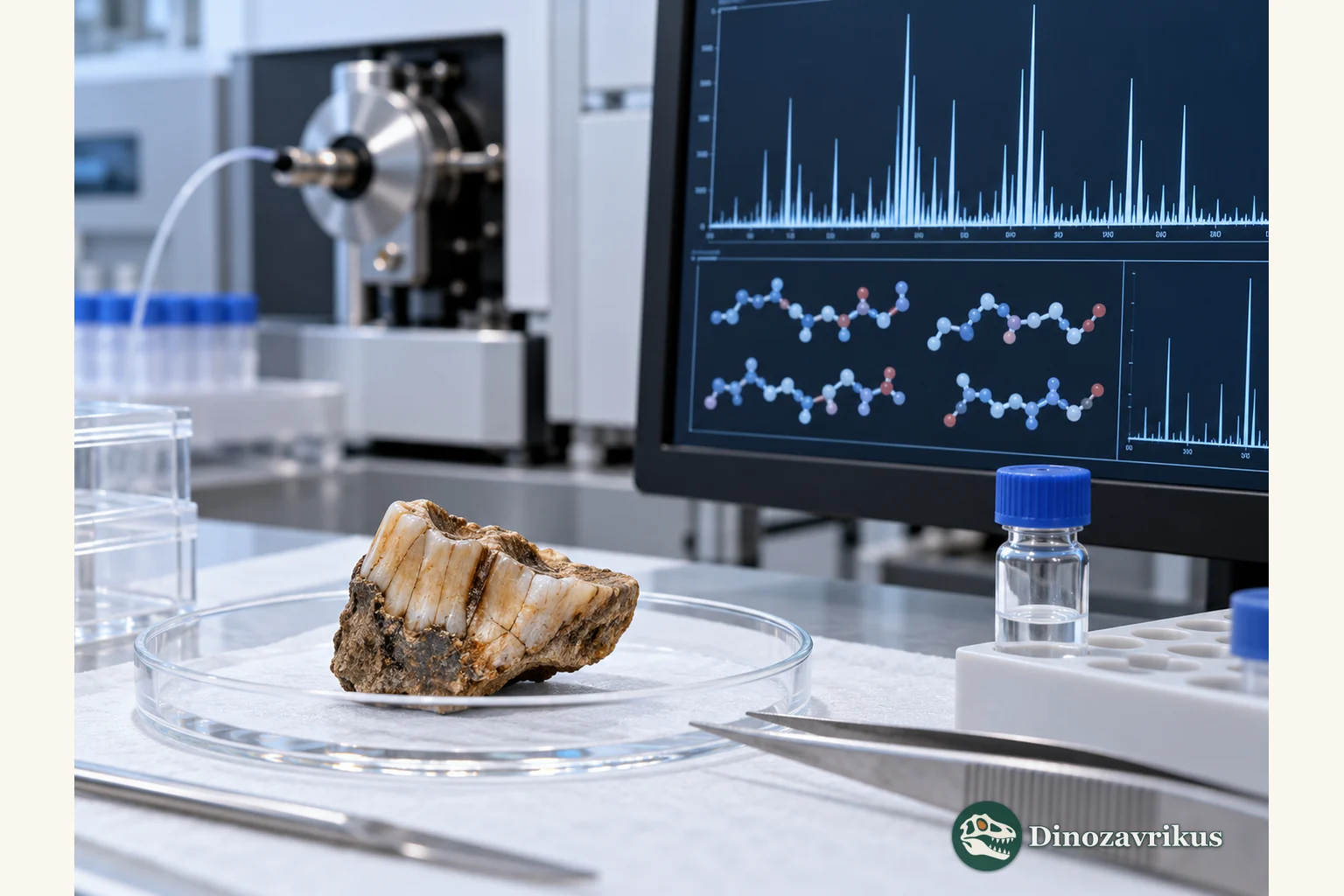 A fossil tooth beside a mass-spectrometry display of peptide signals