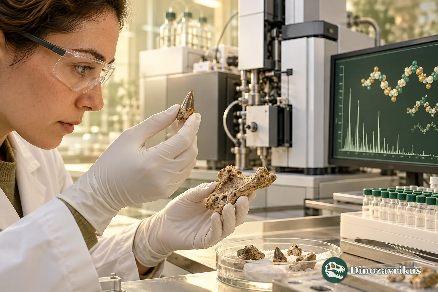 A researcher examines fossil teeth before analysis of ancient protein fragments
