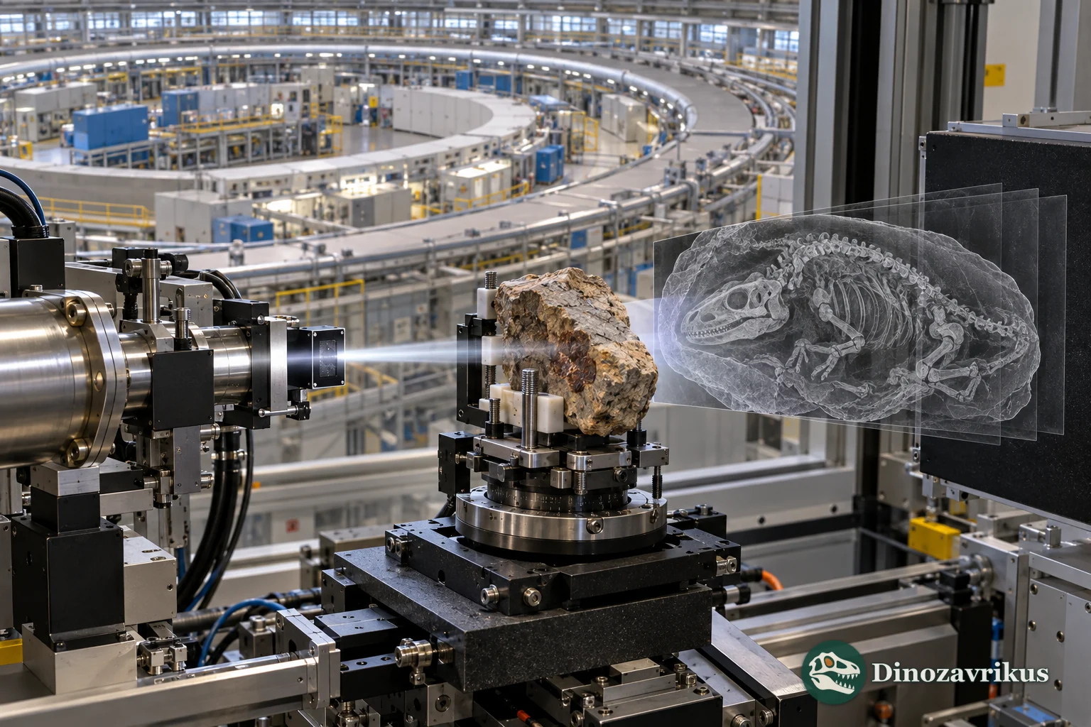 A fossil-bearing rock sample positioned at a synchrotron imaging station