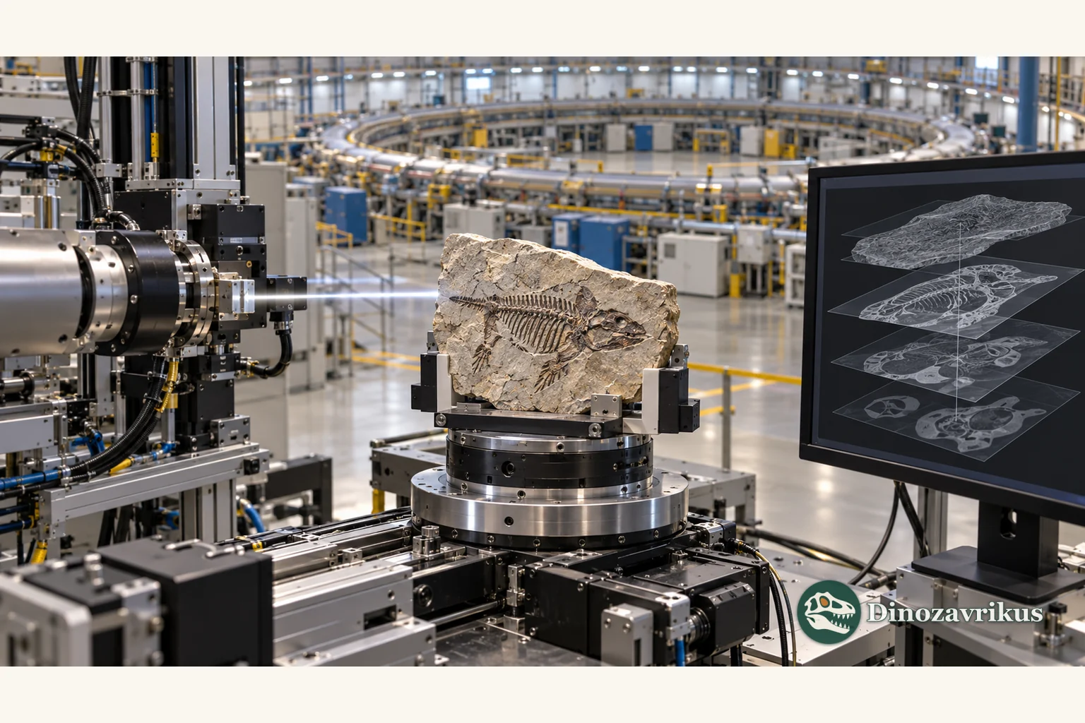 A fossil-bearing slab rotates in an X-ray beam during tomographic imaging