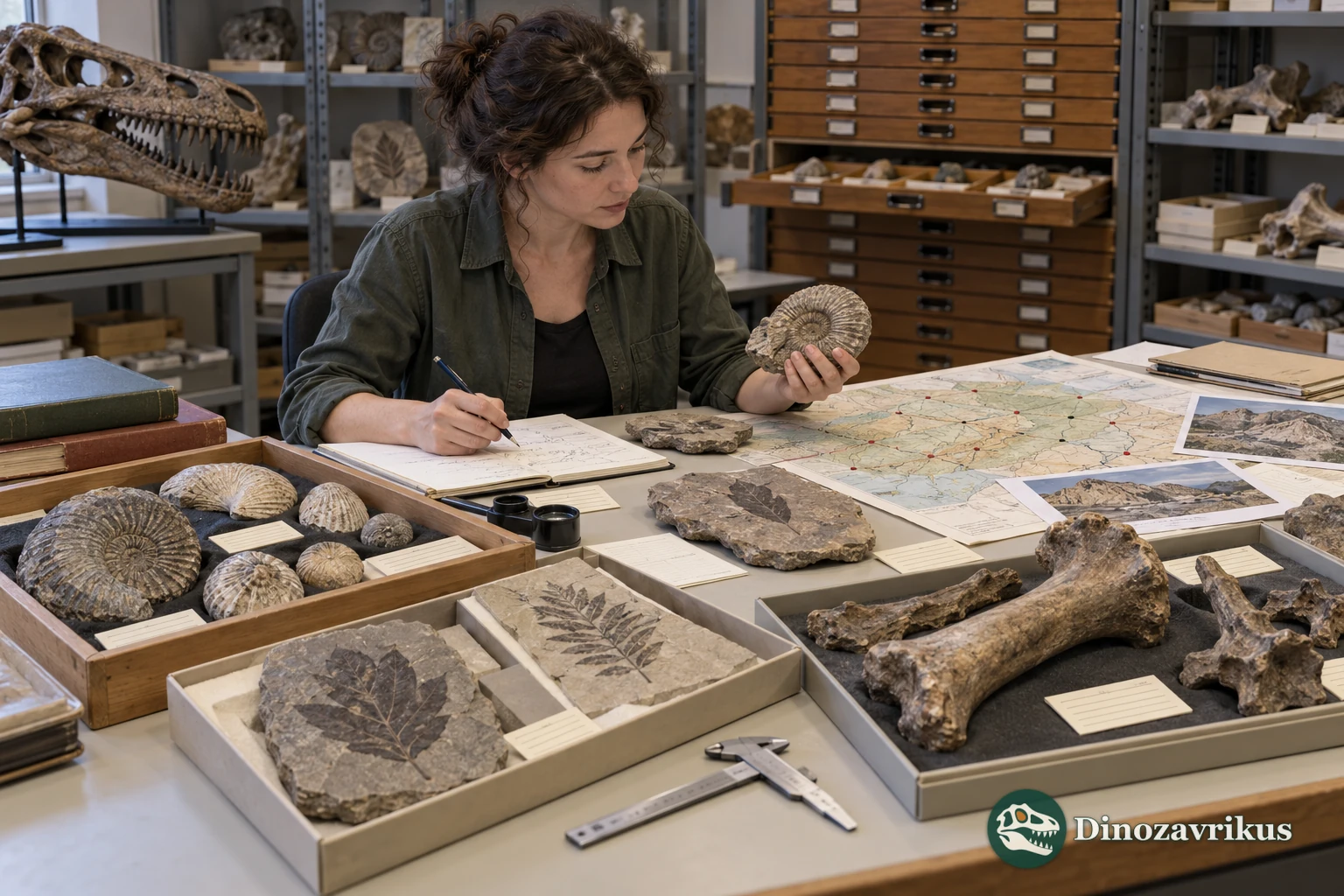 Researchers survey small fossil-bearing outcrops among hills mostly covered by vegetation