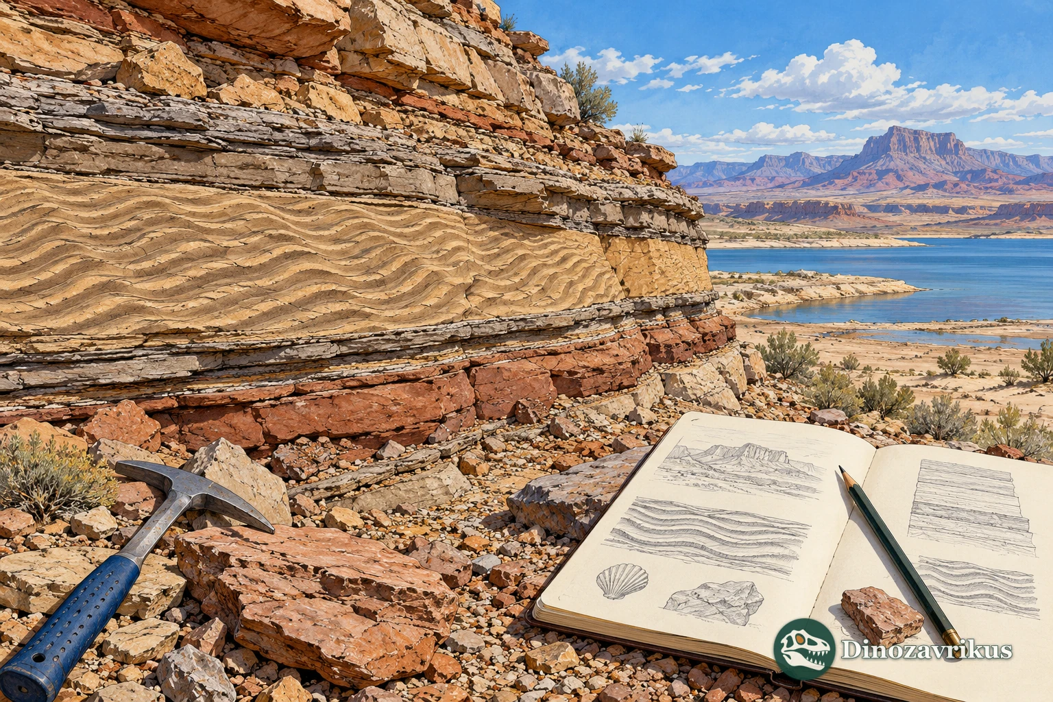 Layered sedimentary rocks beside an ancient water body, with a geologist’s field notebook