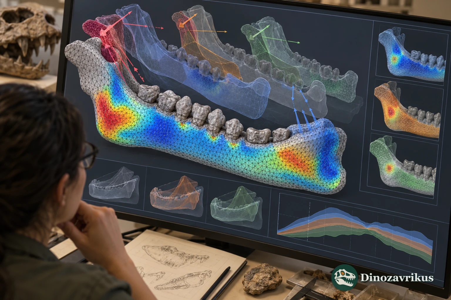 Several finite element jaw models show alternative settings and calculated patterns