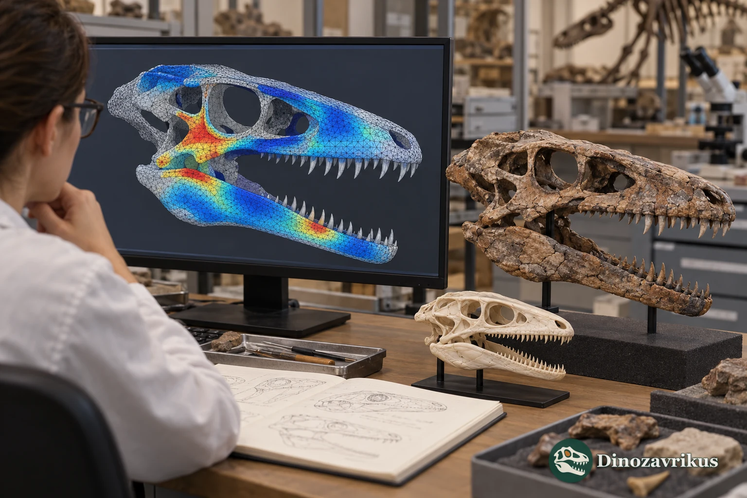 A digital fossil skull model with a computational mesh compared with a modern animal skull