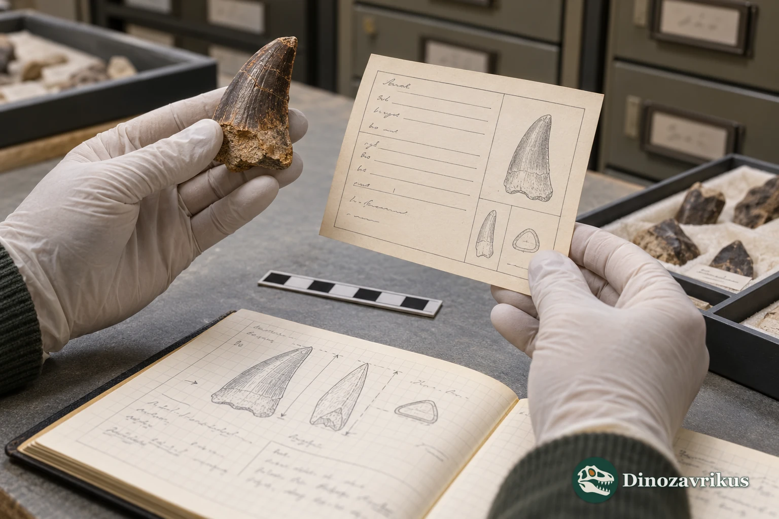 Gloved hands compare a fossil tooth with a collection card and scale bar