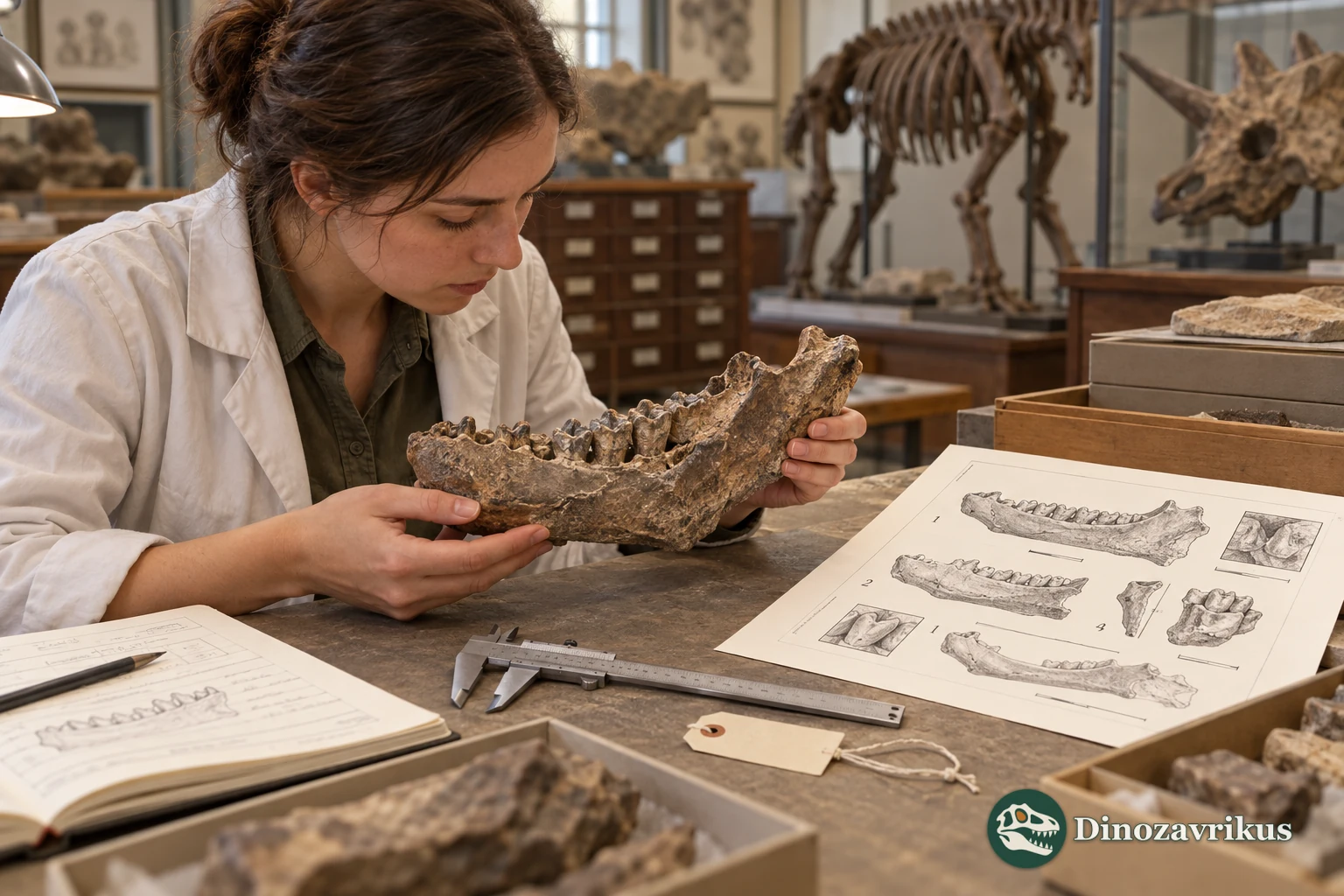 A palaeontologist compares a fossil jaw with research illustrations and museum collection records