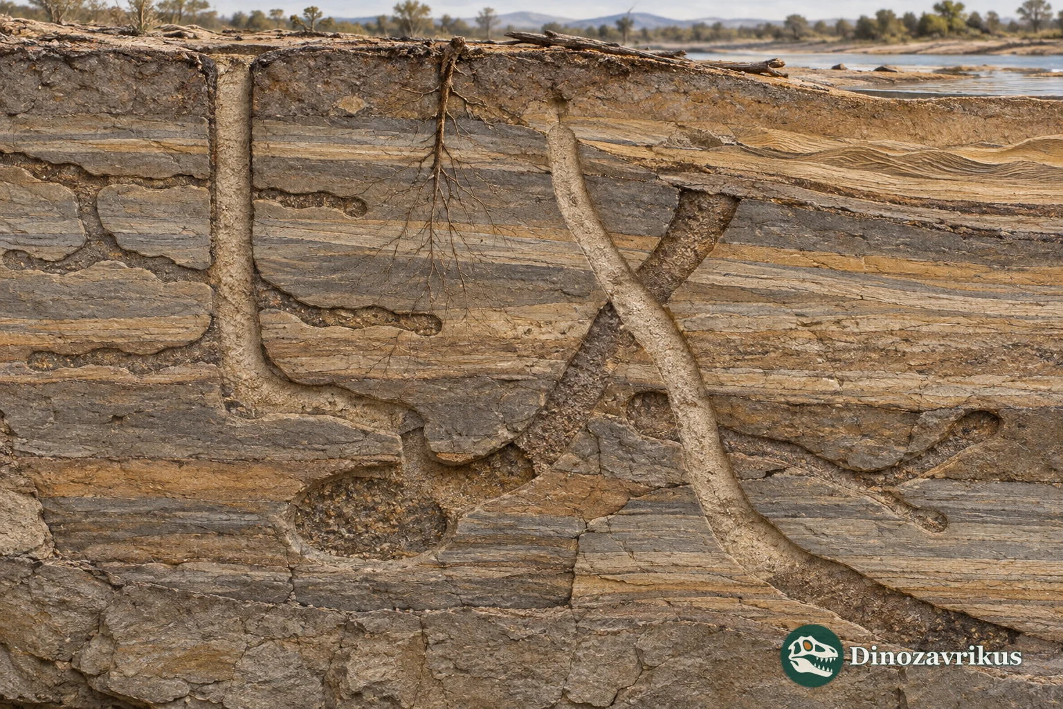 A sedimentary cross-section showing vertical, sloping and branching fossil burrows