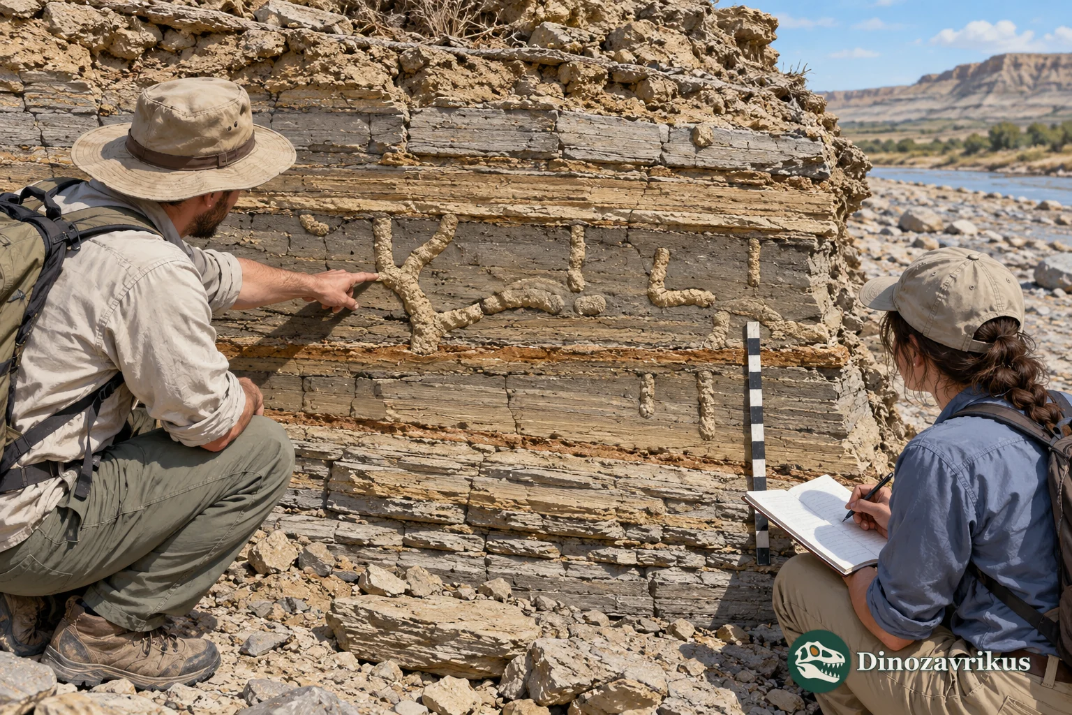 Researchers examine fossil burrow casts within an exposed sedimentary layer