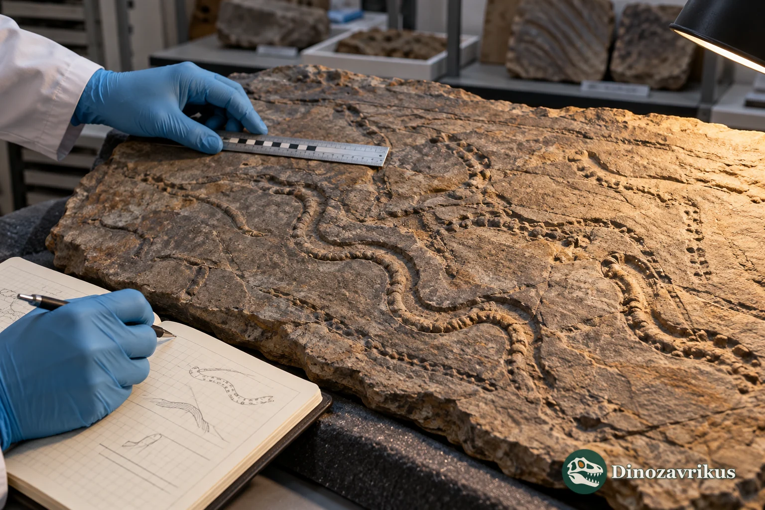 A researcher records the shape and dimensions of a fossil trace surface